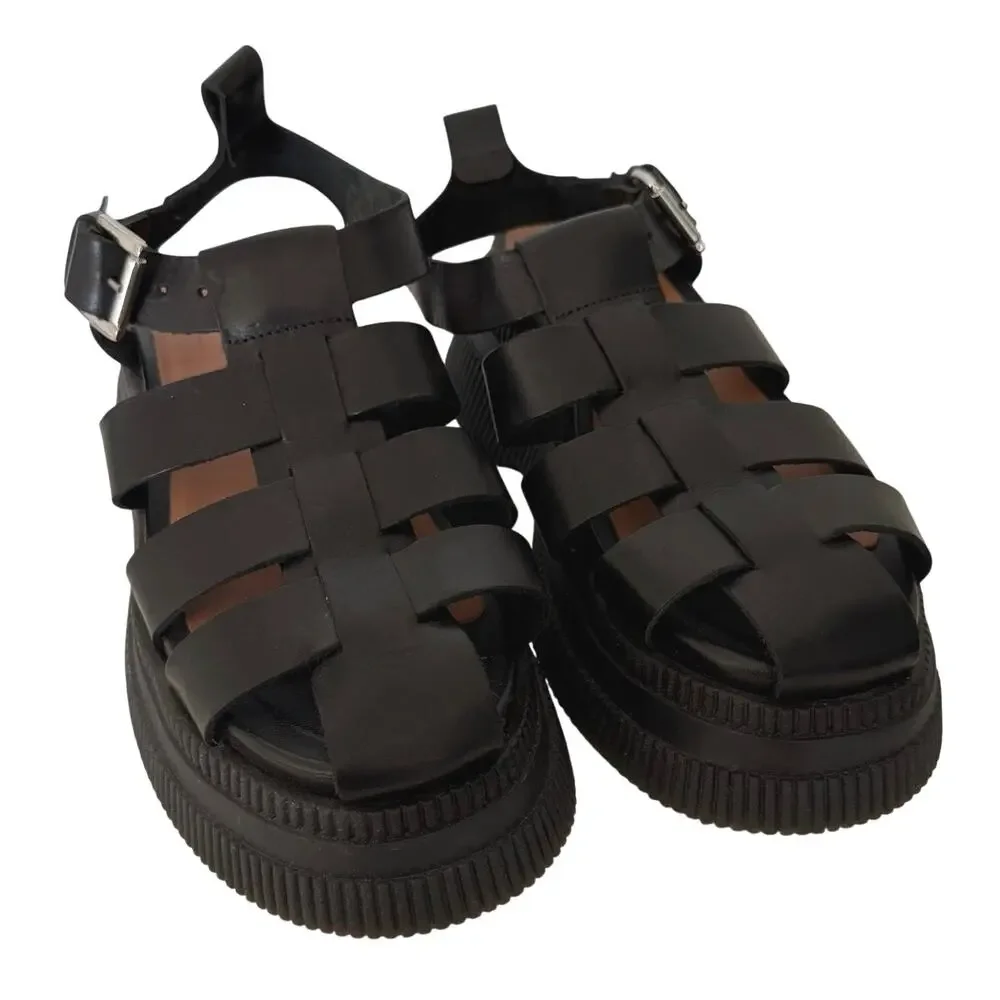 GANNI (US 7 / EU 37) Black Leather Fisherman Sandals Platform Lug Sole Shoes
